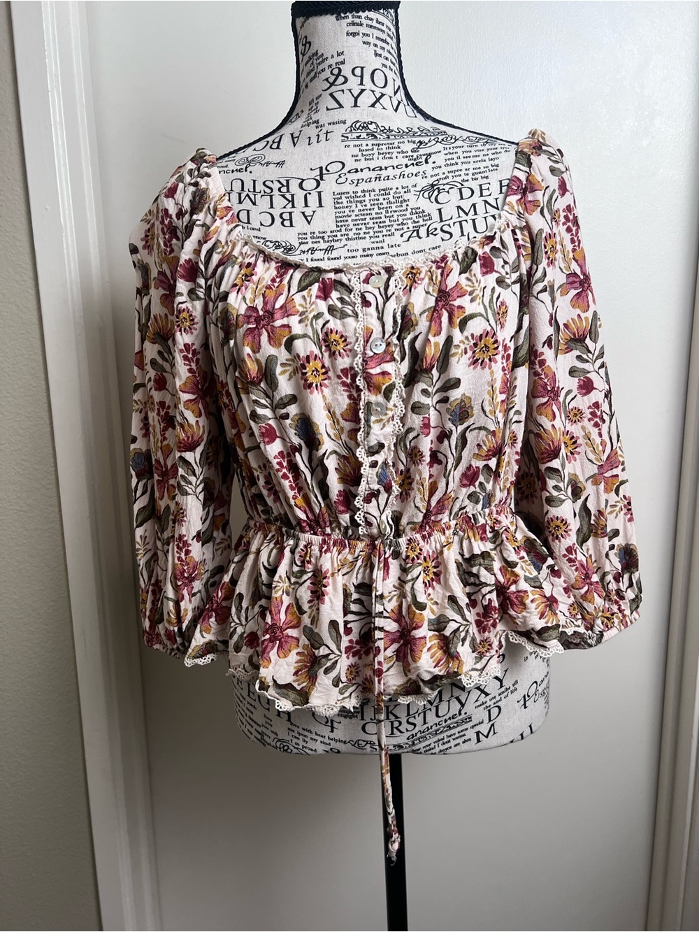 Penelope Rose Floral Boho Peasant Blouse Lace Trim Top L